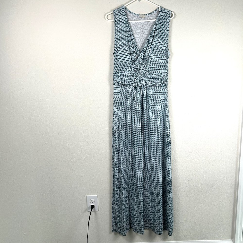 Talbots Maxi Dress Womens Size M Blue Geometric V Neck Sleeveless Stretch